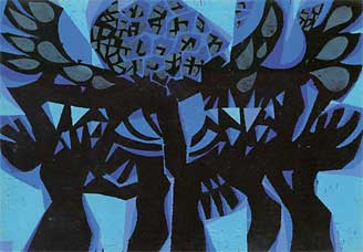 Alfred Pohl | Blaue Bäume. Farbholzschnitt 2007. Auflage: 7
